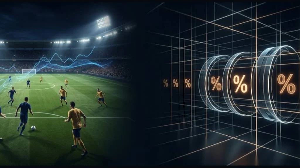 Fotbollsmatch och visualiserade procentsatser som jämför odds och sannolikheter.