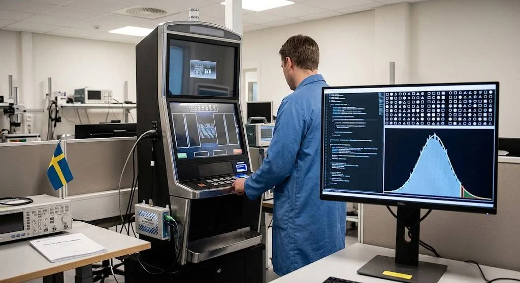 Ett spelsystem utvärderas i ett tekniskt laboratorium.