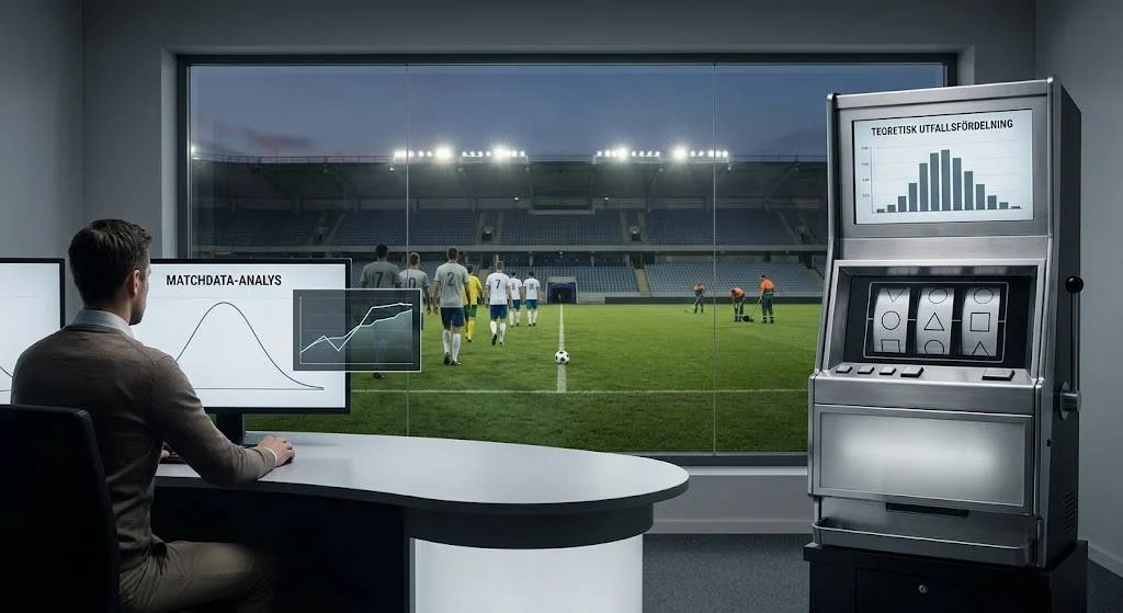 Matchdata och teoretisk utfallsfördelning visas bredvid en fotbollsplan.